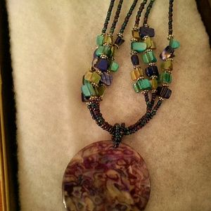 Blue/green glass bead necklace